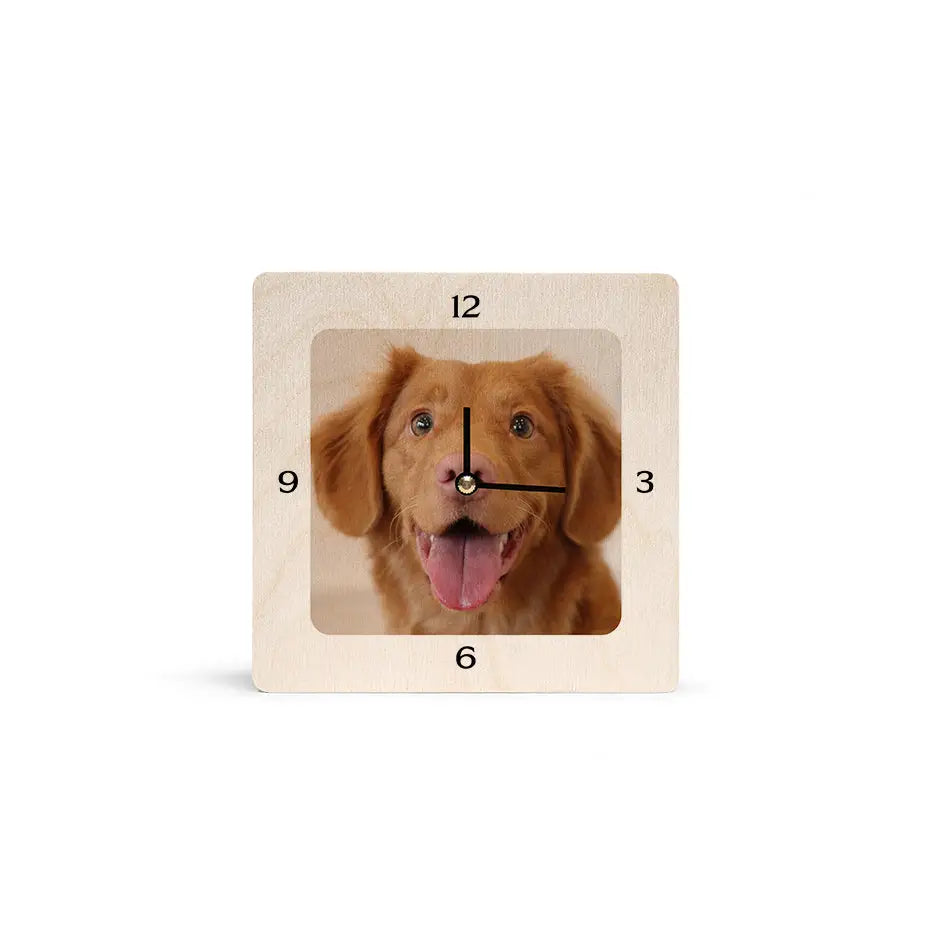 Square clock featuring a Golden Retriever face, perfect for personalized wood clocks.