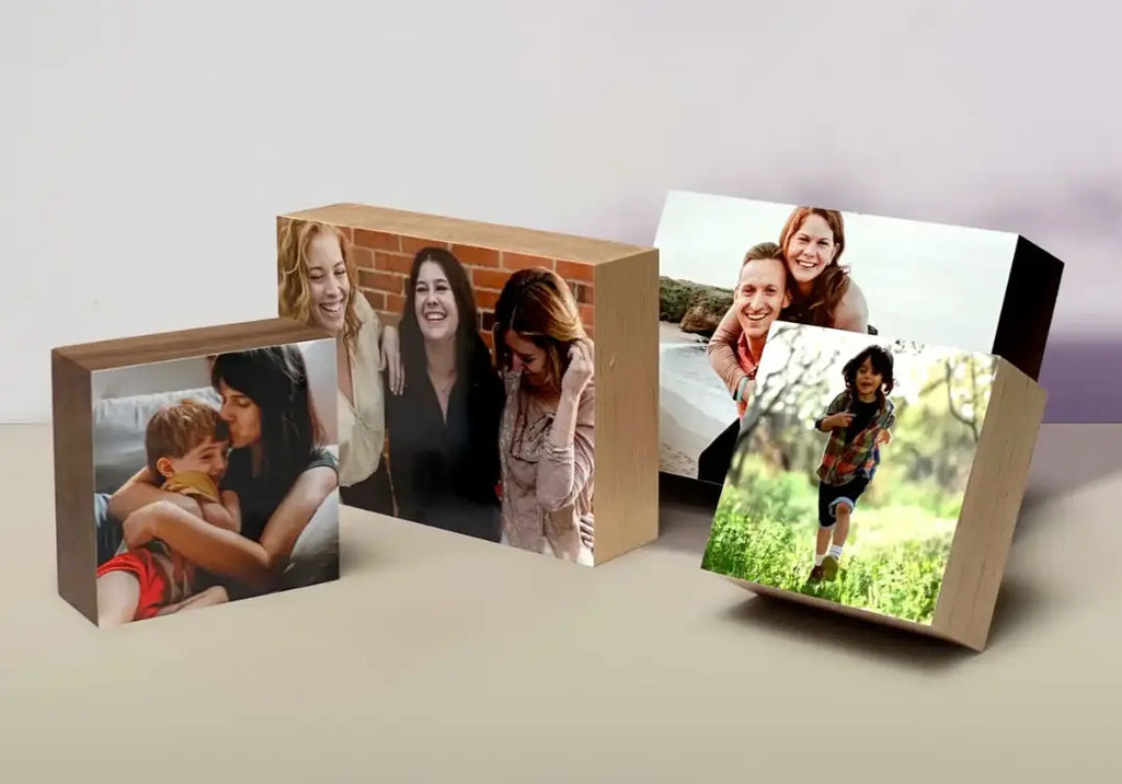 Four wooden photo blocks on black walnut with personalized customization options