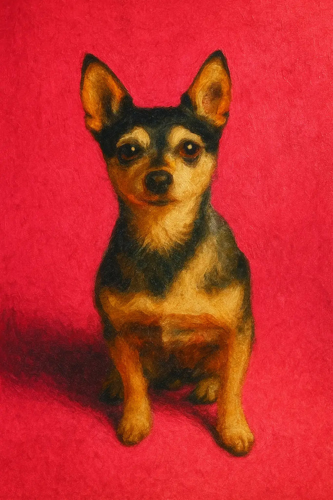 Black and tan miniature pinscher-like dog with alert ears, perfect for your favorite photo wall space