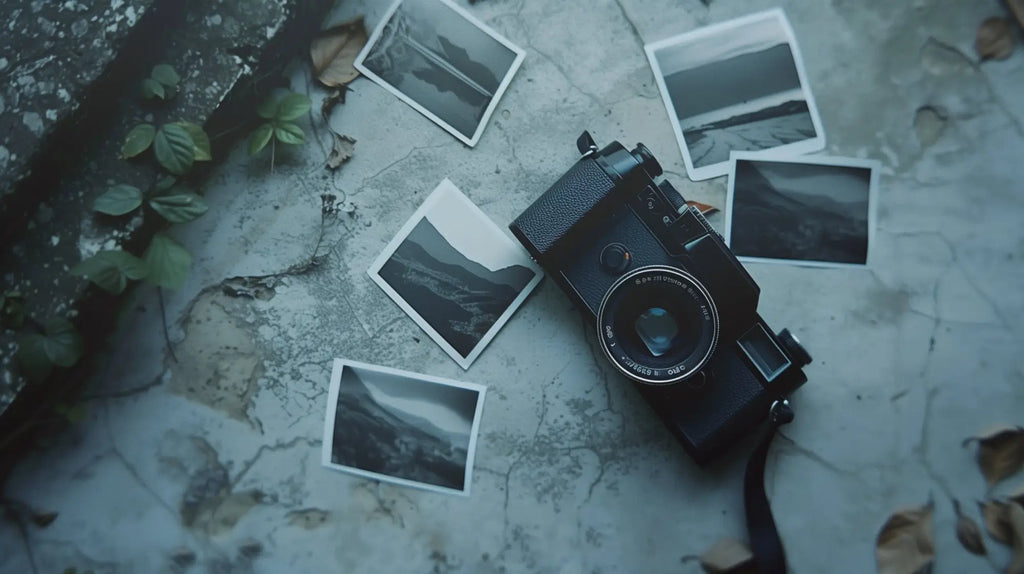 Vintage film camera with scattered Polaroid photographs for wooden prints guide.