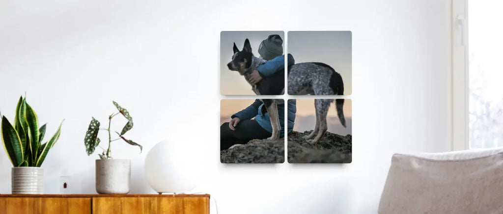 Four-panel canvas wall art featuring a German Shepherd at sunset, ideal for decor photo tiles.