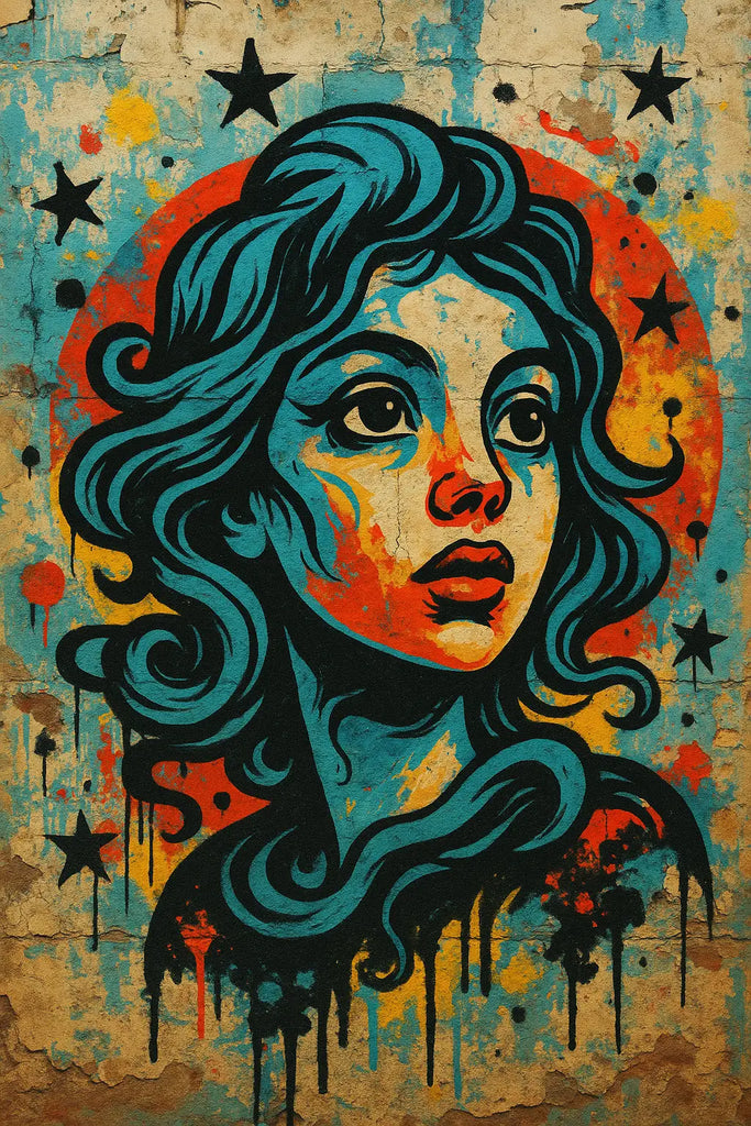 Vibrant pop art portrait of a woman with blue hair, colorful face, starry background, AI image generators