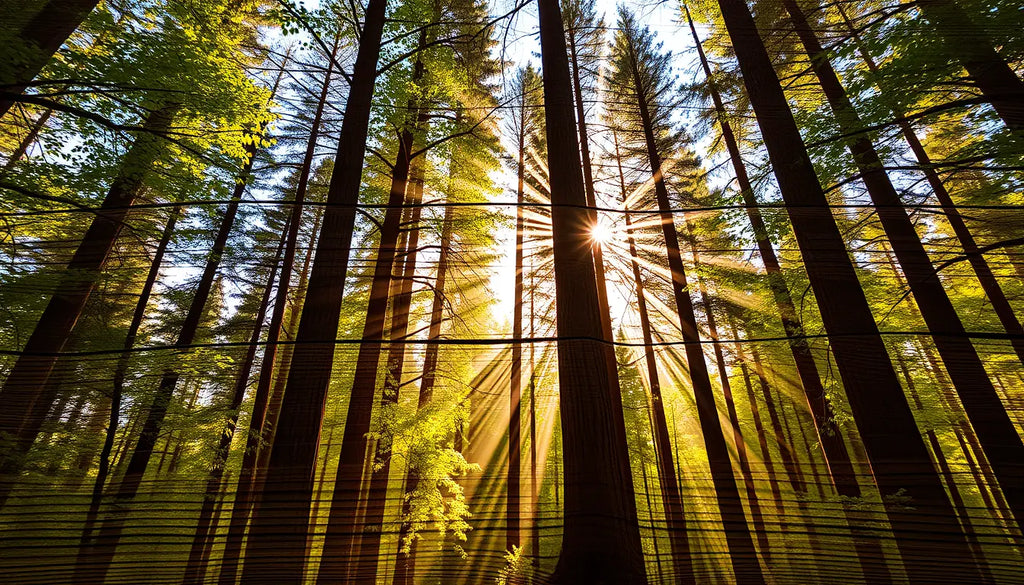 Sunlight streaming through tall trees, inspiring custom wood print of cherished memories