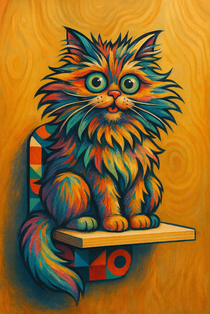 Vibrant fluffy cat figurine on Woodsnap shelves forming extended cat highway on wall