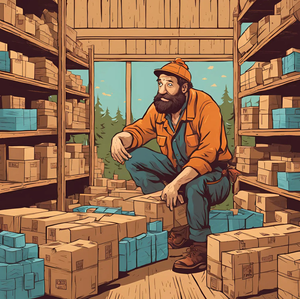 Bearded worker in orange jacket at warehouse overseeing WoodSnap’s shipping costs for handcrafted products.