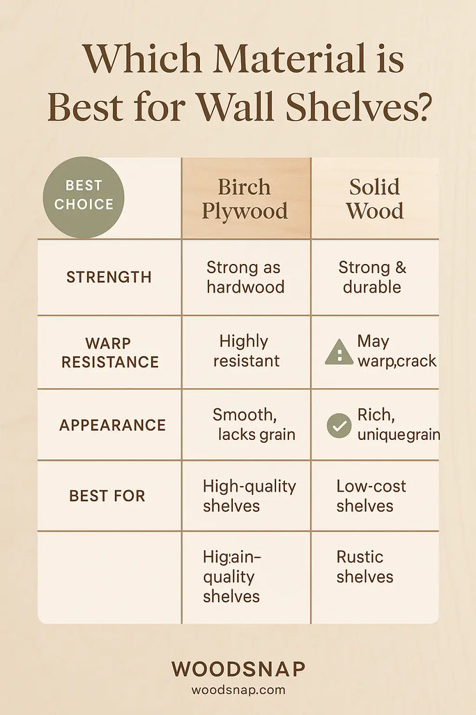 Comparison chart of wall shelves materials including birch plywood and sturdy wall shelves