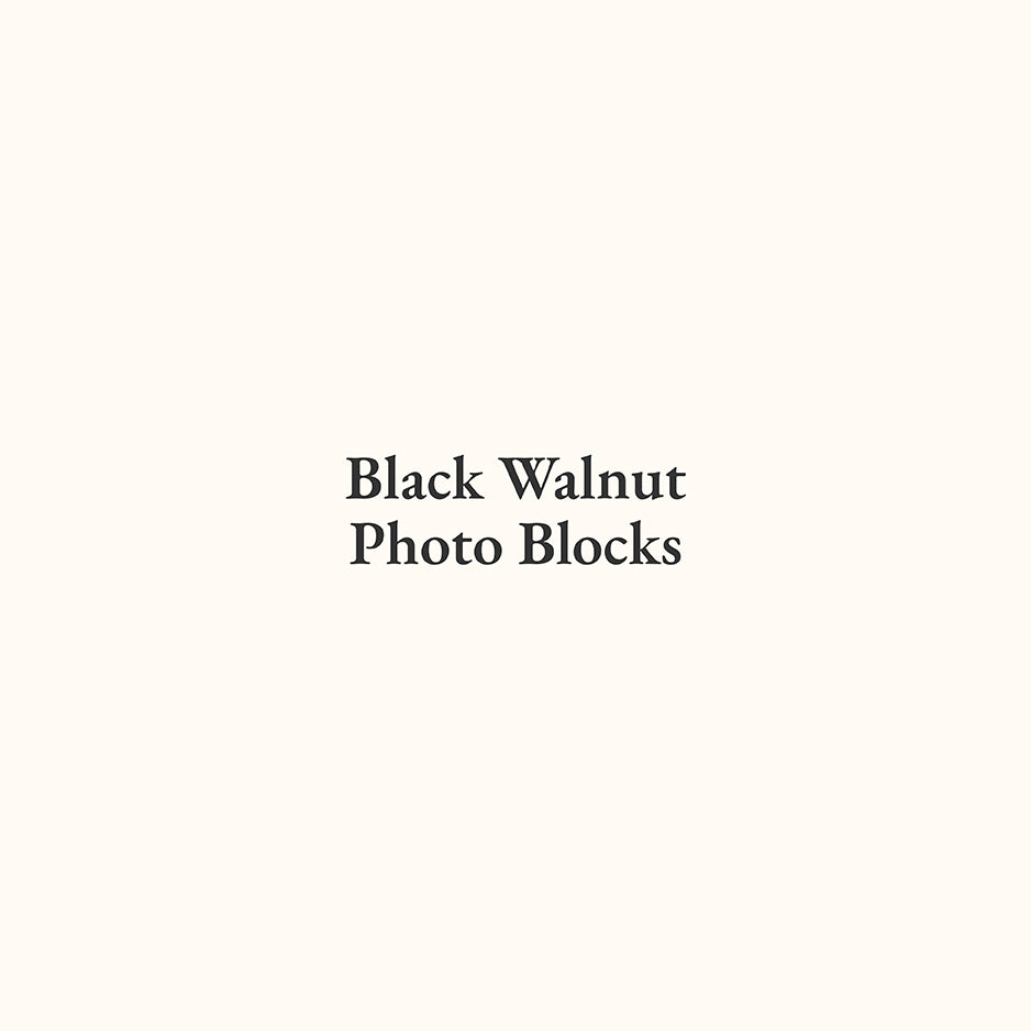 Text reading Black Walnut Photo Blocks on a plain background showcasing walnut photo blocks.