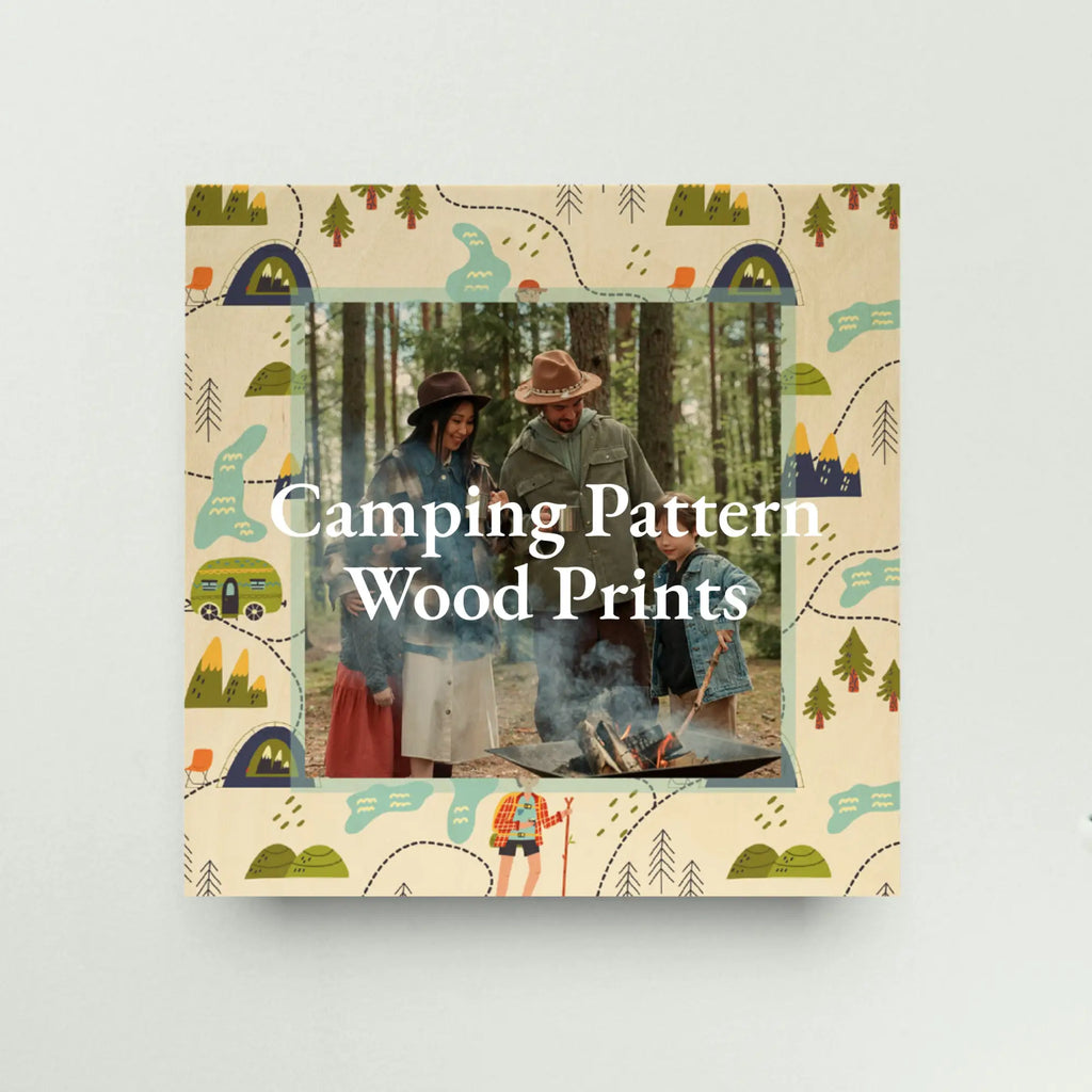 Decorative camping pattern wood print with a camping pattern border in pattern wood prints collection