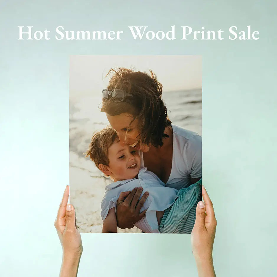Mother and child white wood print held by hands in bright white limited time collection
