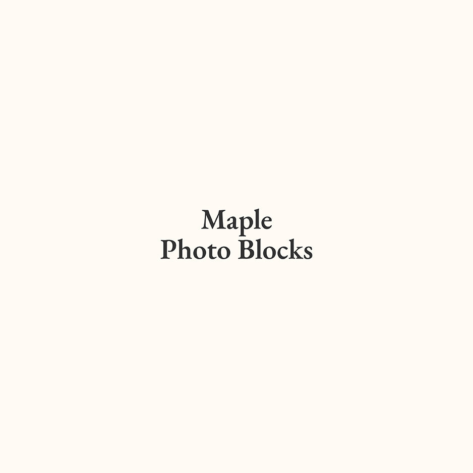 Text reading Maple Photo Blocks in serif font on a light background for wood photo blocks.
