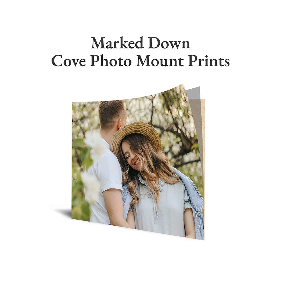 Marked Down Wood Print Deals sign with photo mount print on a white background.