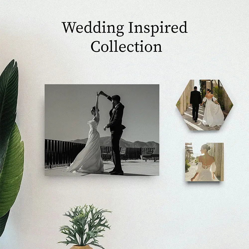 Wall display of wedding-themed photos and artwork in Wedding Inspired Collection, featuring walnut photo block.