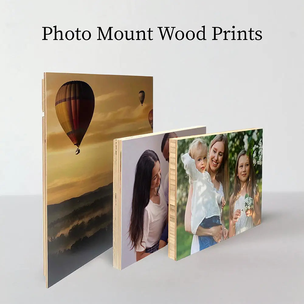 Photo mount wood prints featuring hot air balloon and people in a stylish collection.