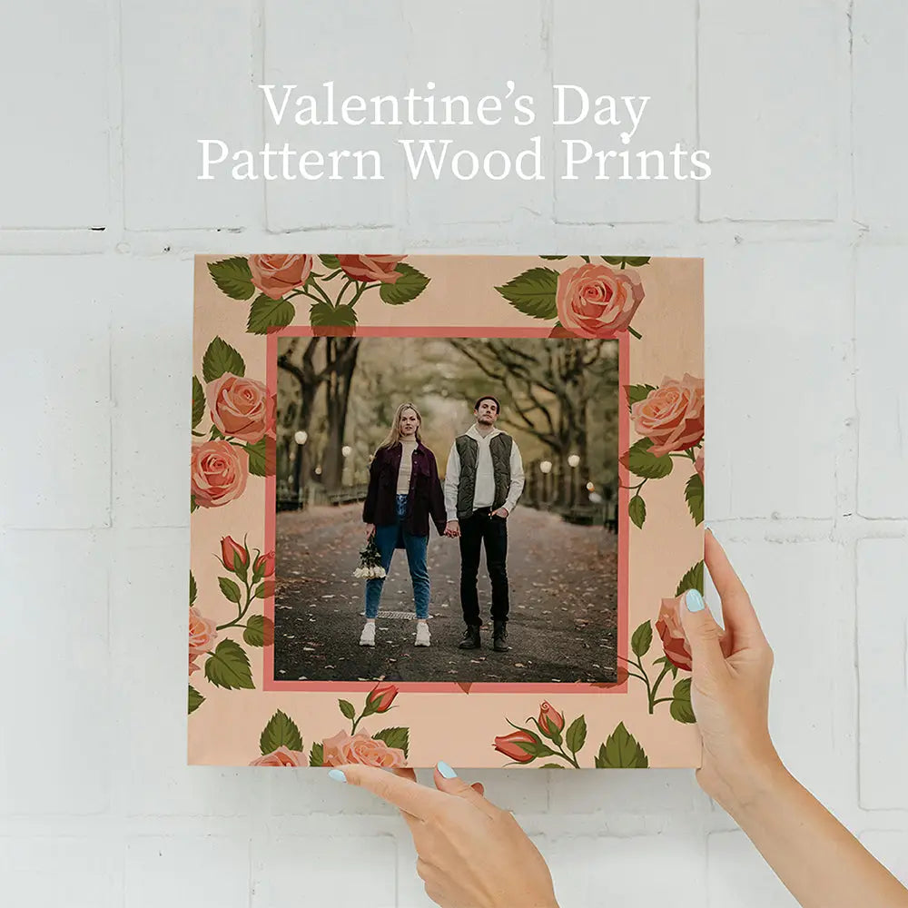 Wood print featuring a black and white photo in a rose birch pattern frame.