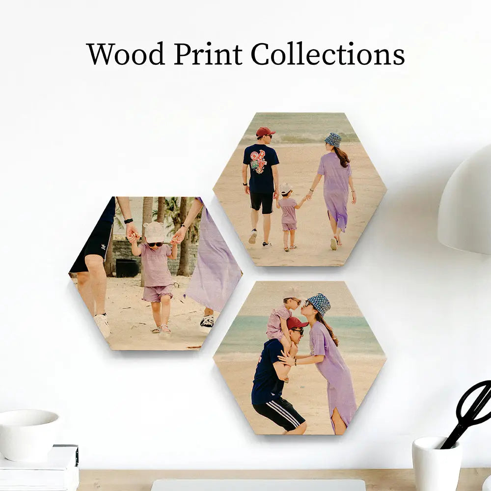 Hexagonal wood prints of beach scenes with people and a dog in wood print collections