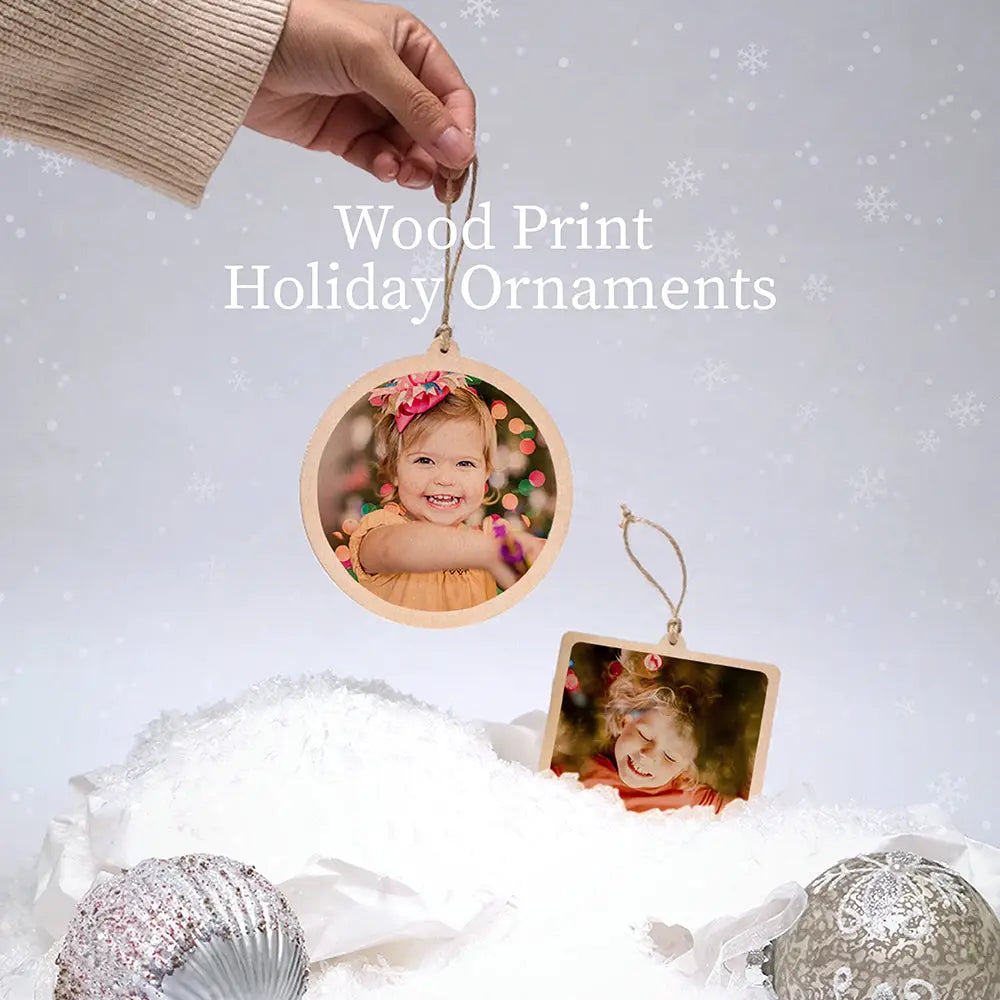 Text reading Christmas Ornaments in serif font over a collection of Christmas wood ornaments.