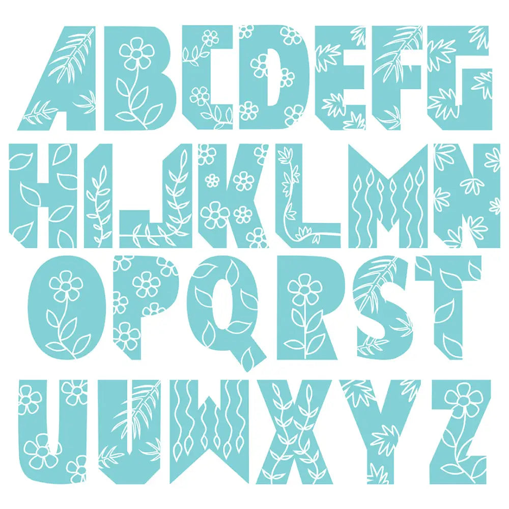 Decorative floral letters in turquoise on white, perfect for personalized designs