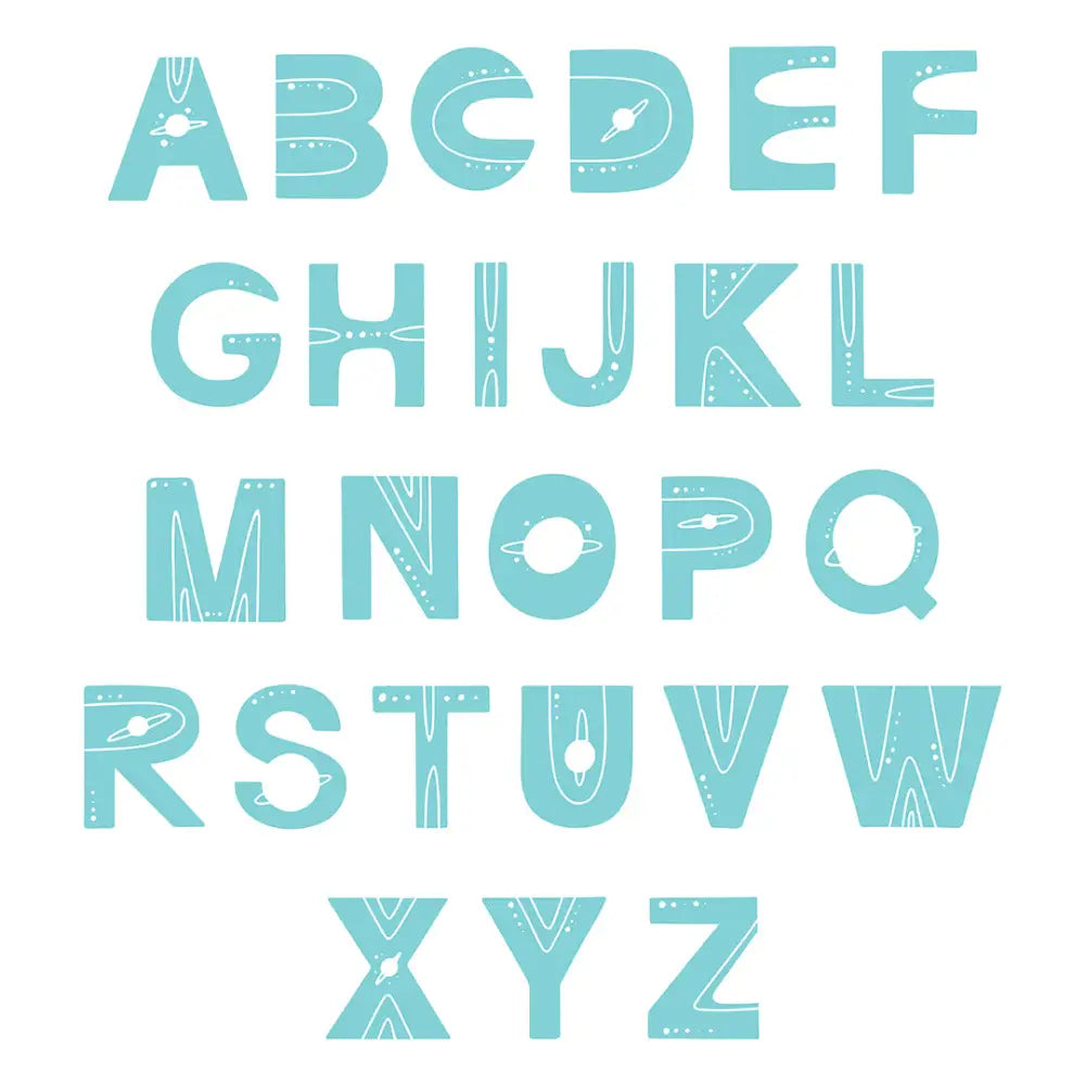 Alphabet letters in decorative turquoise with geometric patterns for Sign Letters - Space