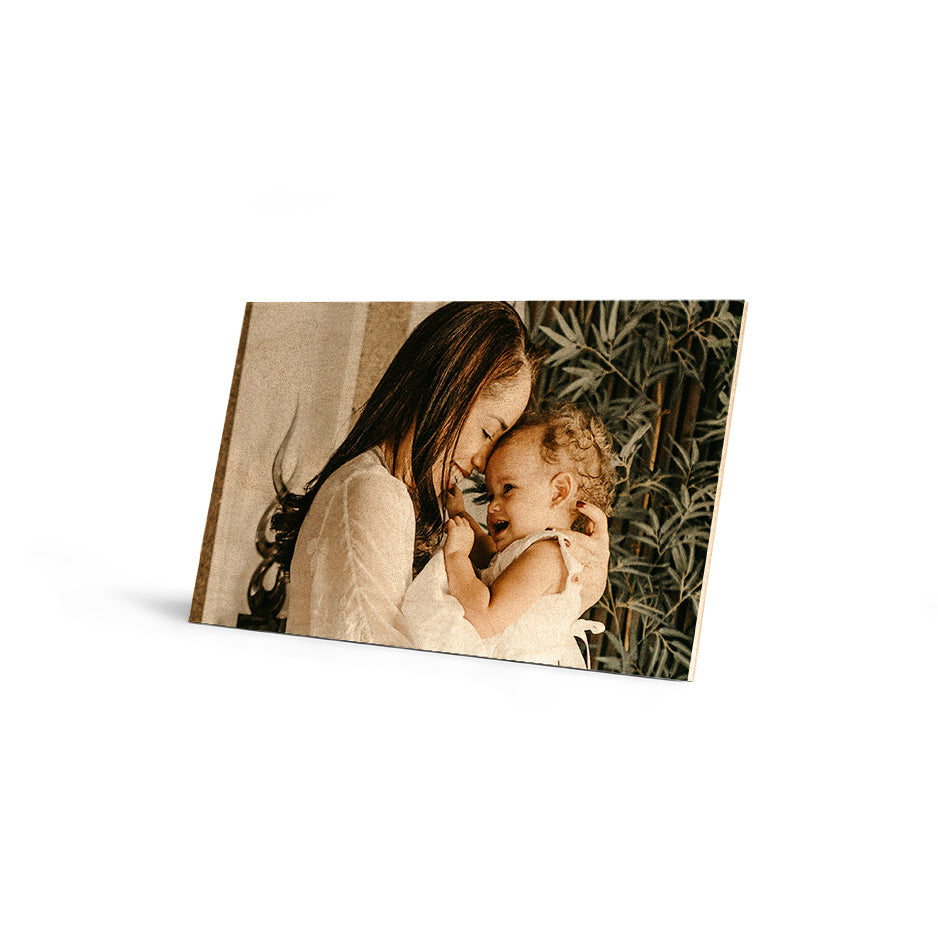 Wood-mounted photo of mother and child showcasing 10x24 Original Cove Print or photo locket wood