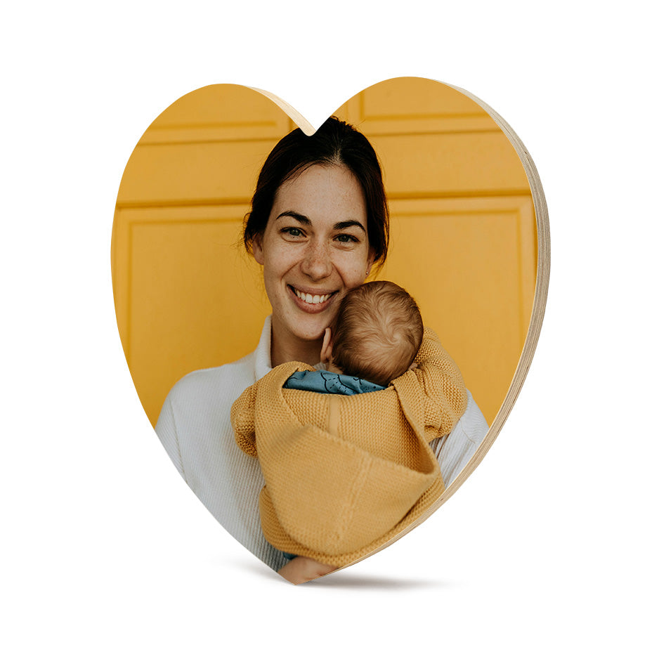 Heart-shaped photo locket plaque of mother and baby on 12 Inch Heart Wood Print