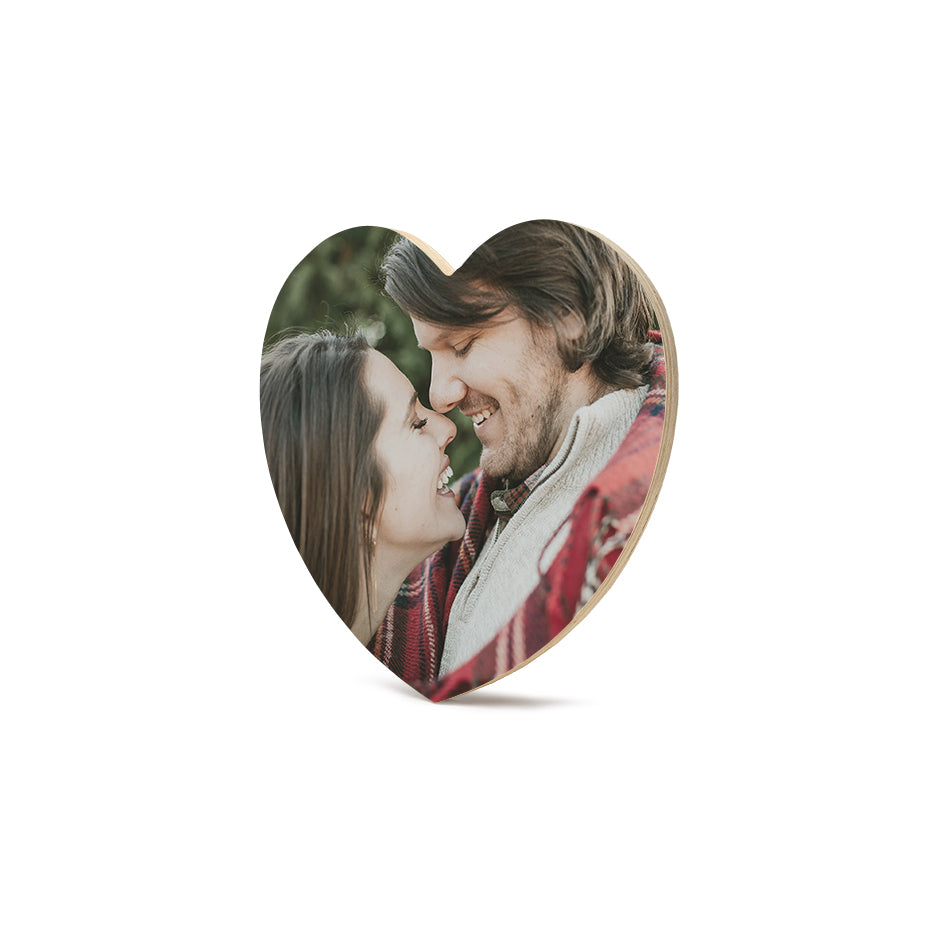 Heart-shaped photo print of a couple on a 12 Inch Heart Wood Print Bright White 50%