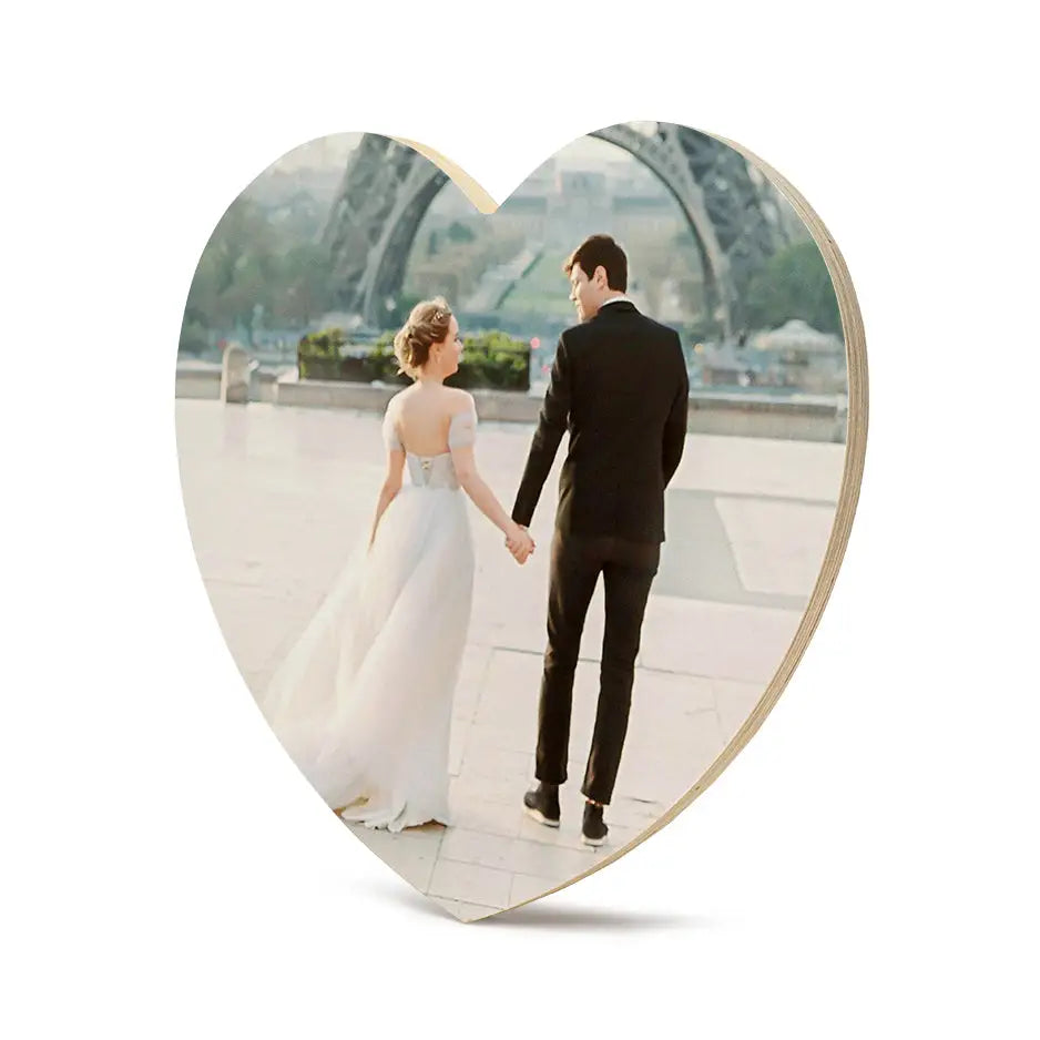 Heart shaped photo frame with couple holding hands in 12 Inch Heart Wood Print