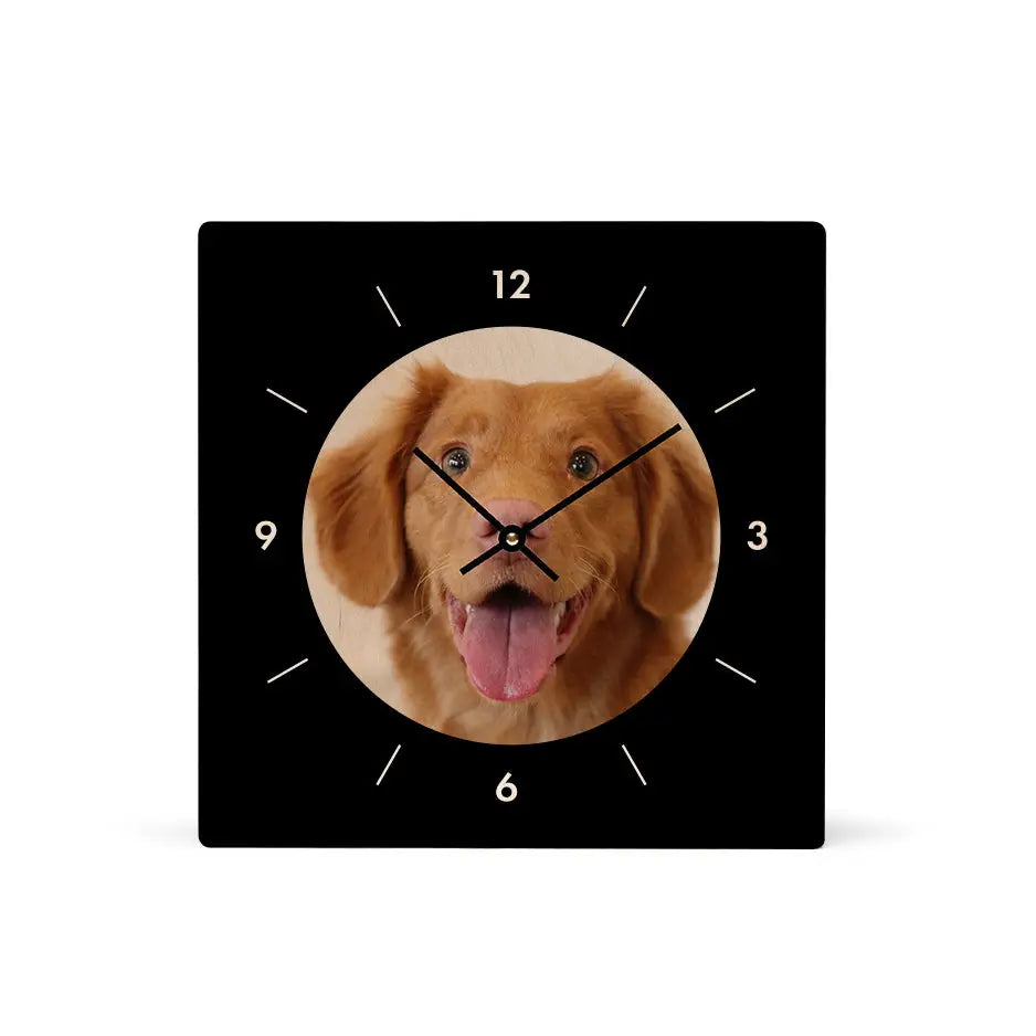 12x12 Circle Personalized Clock featuring a dog’s face design with natural grain finish