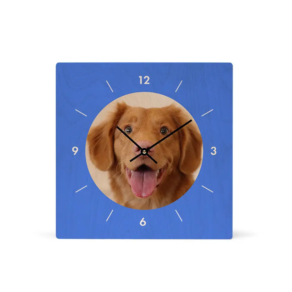 12x12 Circle Personalized Clock featuring a playful dog’s face with natural grain finish