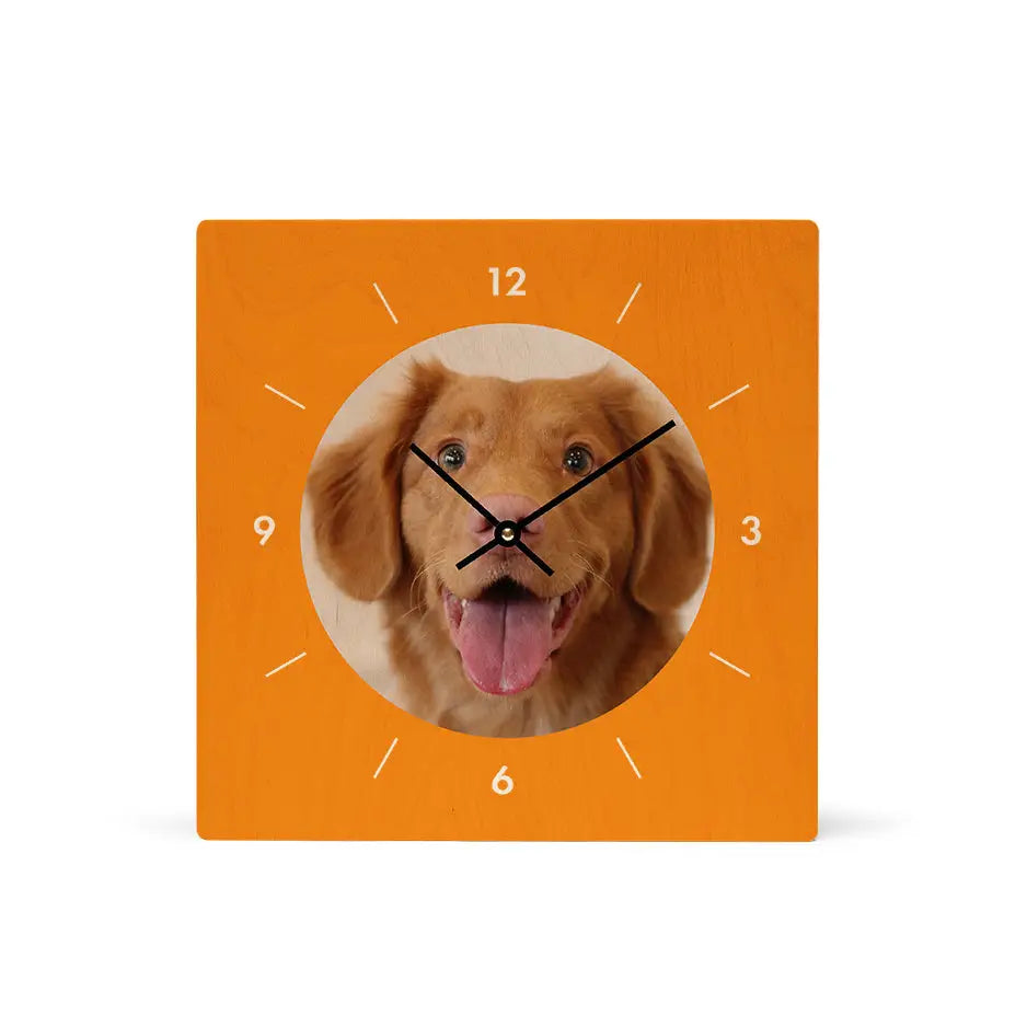 12x12 Circle Personalized Clock featuring a dog’s face and natural grain design