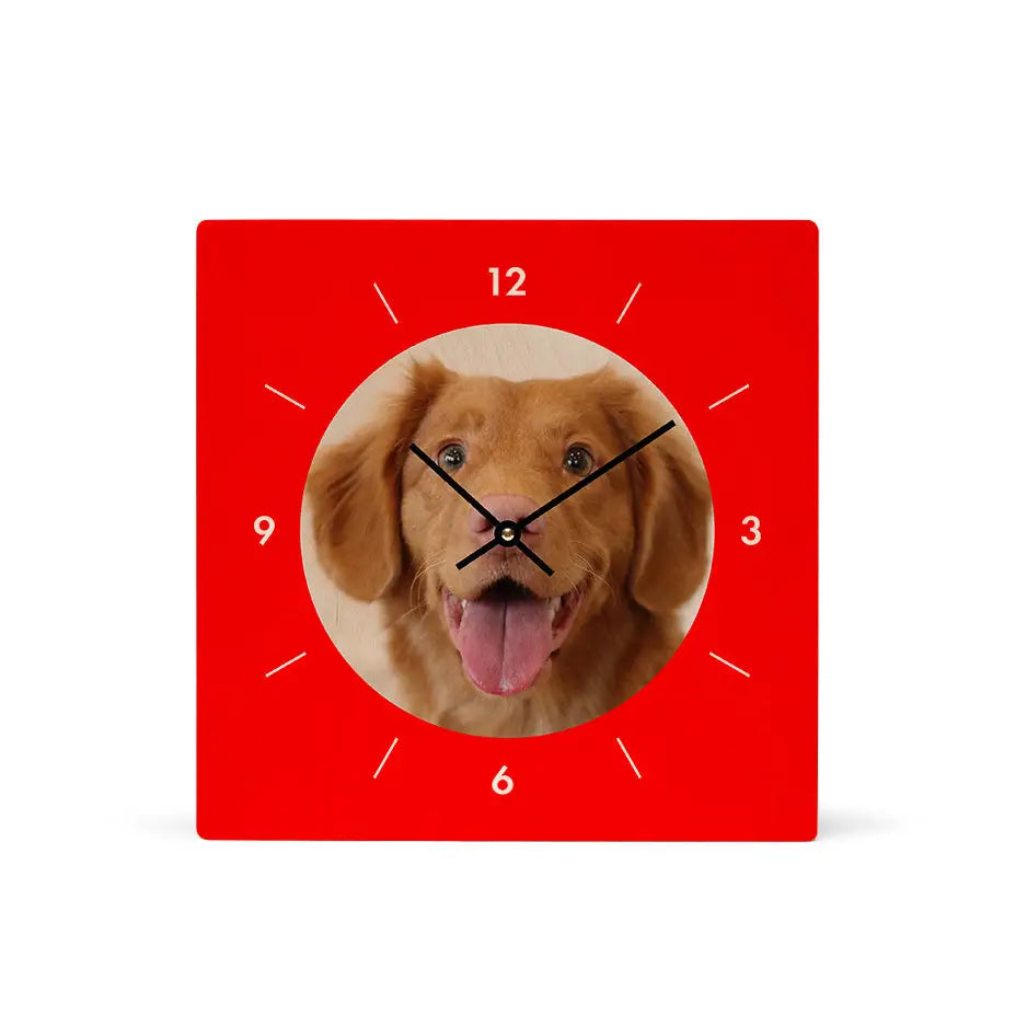 Dog face design on a 12x12 Circle Personalized Clock with natural grain finish