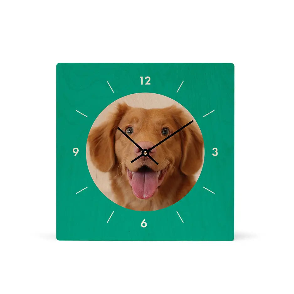 12x12 Circle Personalized Clock featuring a dog’s face and natural grain design