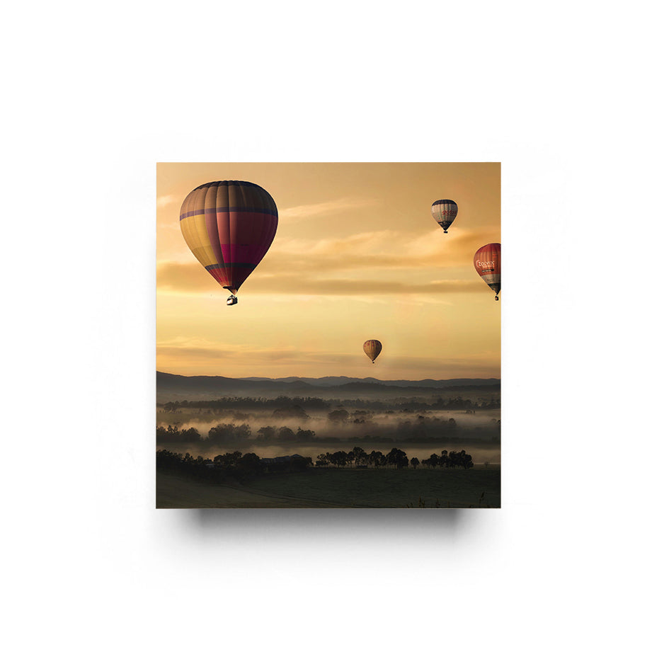 Hot air balloons over landscape in a 12x12 cove photo mount display design