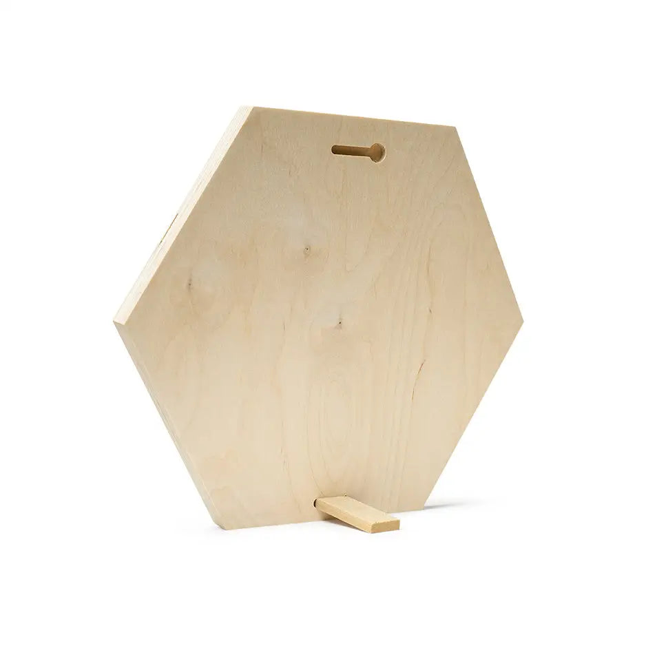 Hexagon wooden cutting board on a 12x12 hexagon birch photo mount print display