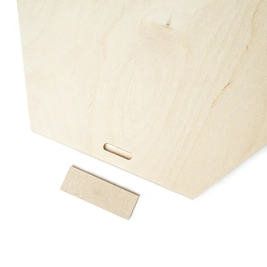 Wooden box with a square hole in the 12x12 Hexagon Birch Photo Mount Print