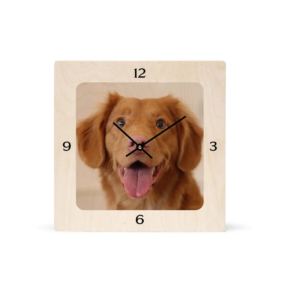 Wooden dog face clock in 12x12 square personalized design for unique home decor