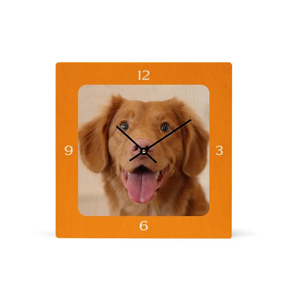 Dog face clock in a 12x12 square personalized clock for pet lovers