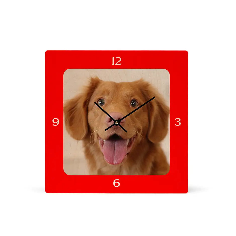 Red clock featuring a dog’s face in a 12x12 square personalized design