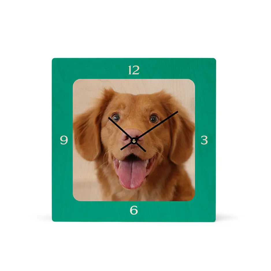 12x12 square personalized clock featuring a playful dog’s face design