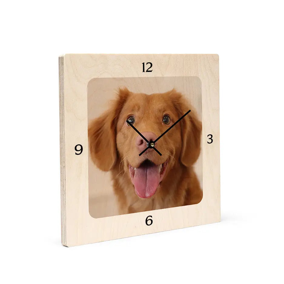 Wooden clock featuring a dog’s face in a 12x12 square personalized design