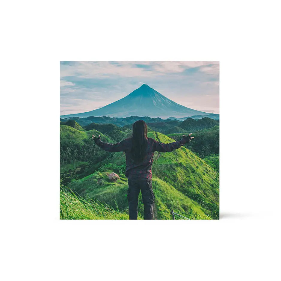 Person standing on a hill featured in a 12x12 Wood Print Bright White design