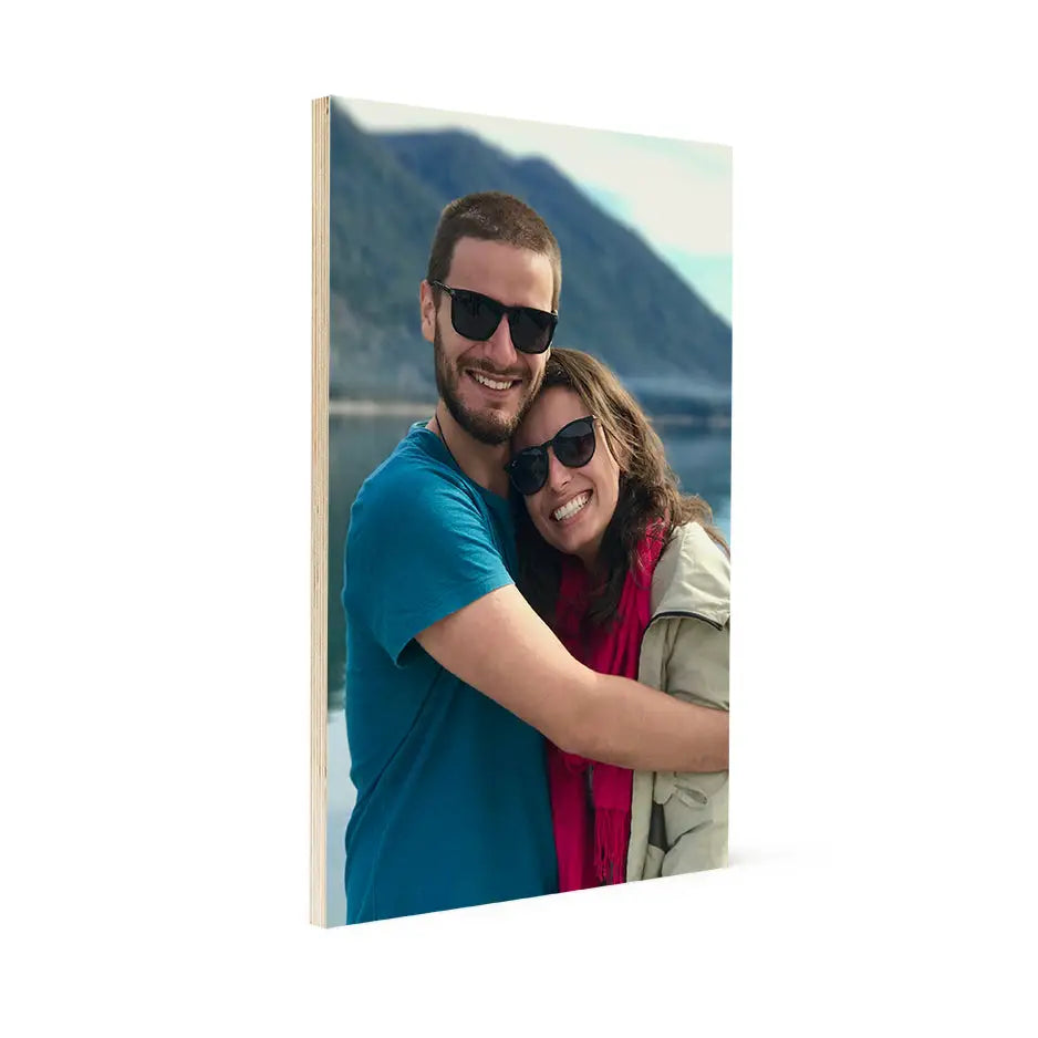 Couple hugging by a lake on a 12x18 Wood Print Bright White for your decor