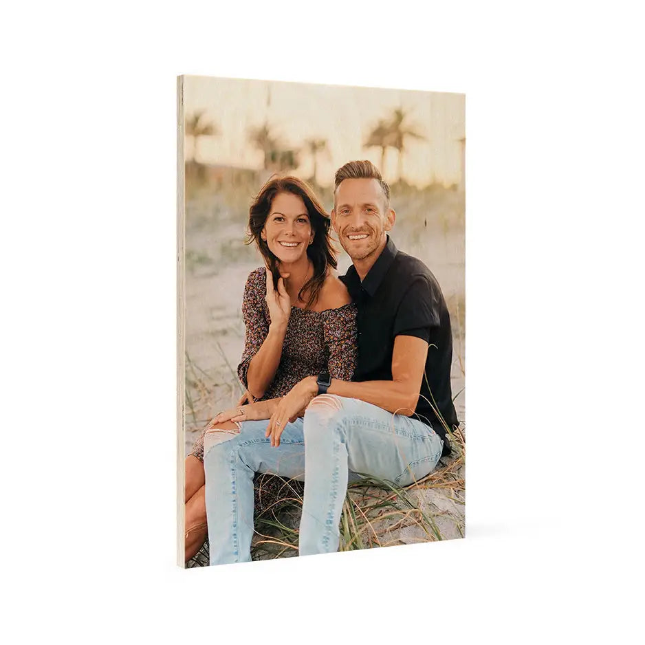 Wood Print Vintage display featuring a couple on the beach in a 12x18 wood print frame