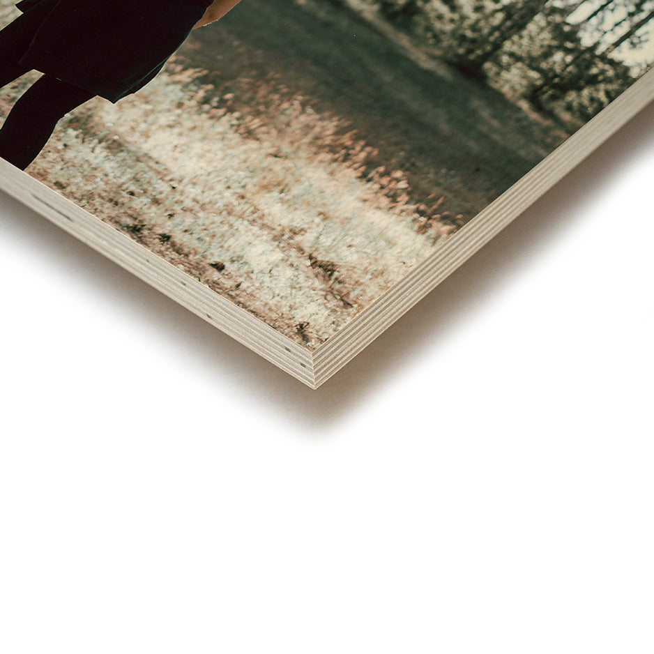 Printed wood panel showcasing 12x24 wood print vintage style with photo locket detail