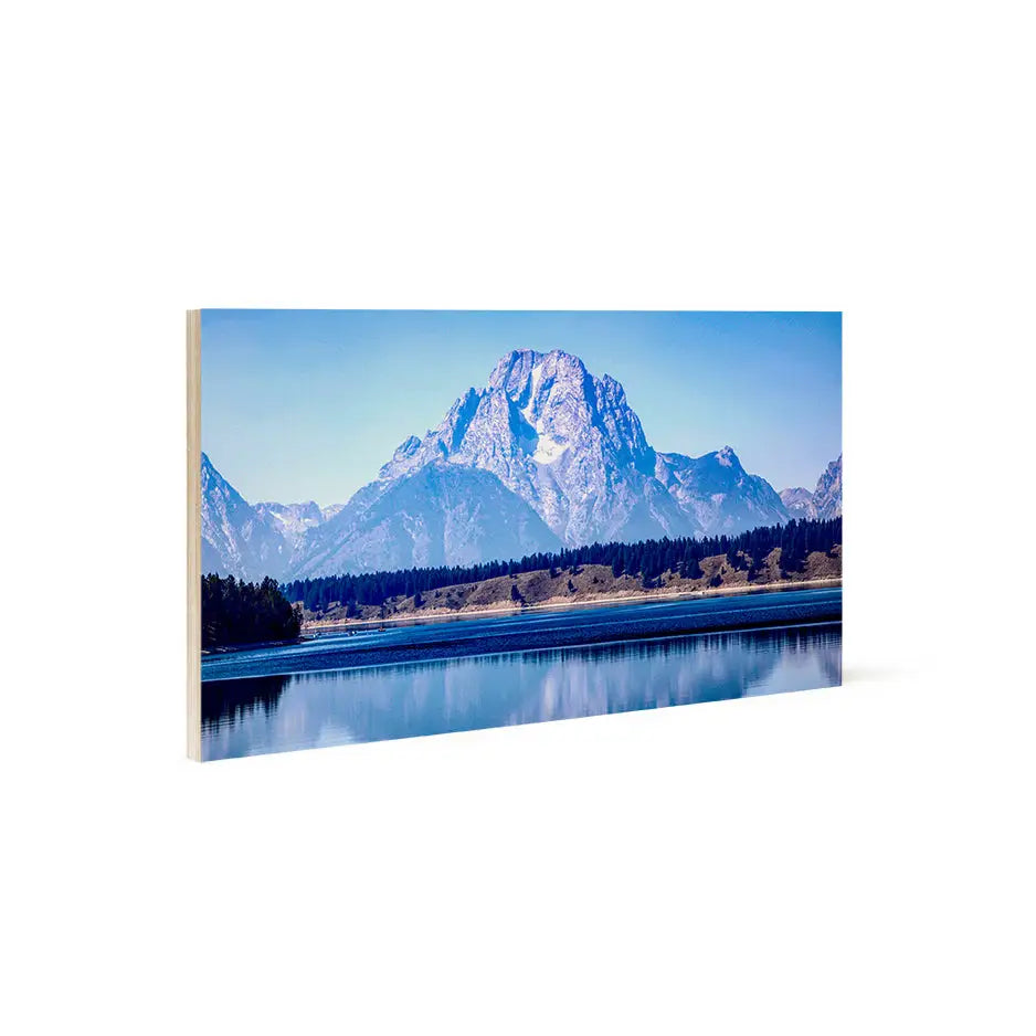 Close up of a mountain and lake on a 12x24 wood print bright white design