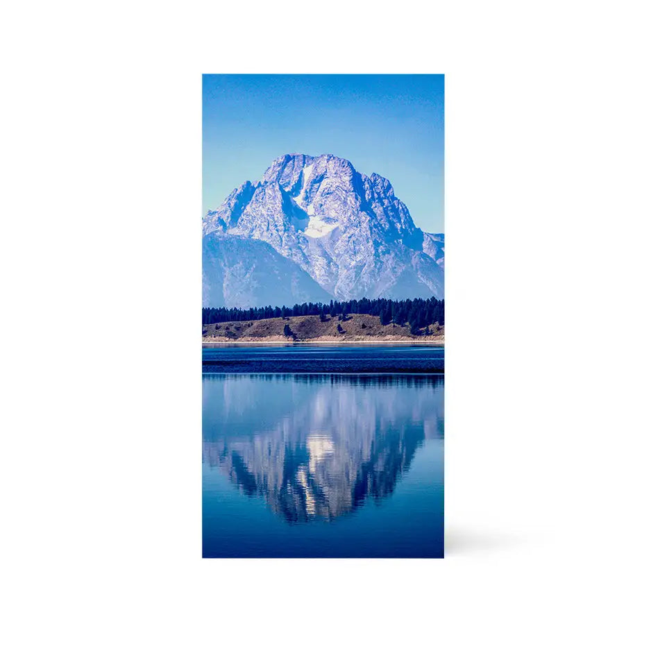 Mountain range reflection in lake on 12x24 wood print bright home decor art