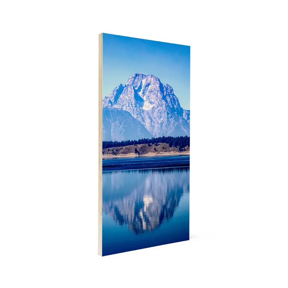 Large canvas of the Grand Tetons on a 12x24 wood print bright white display