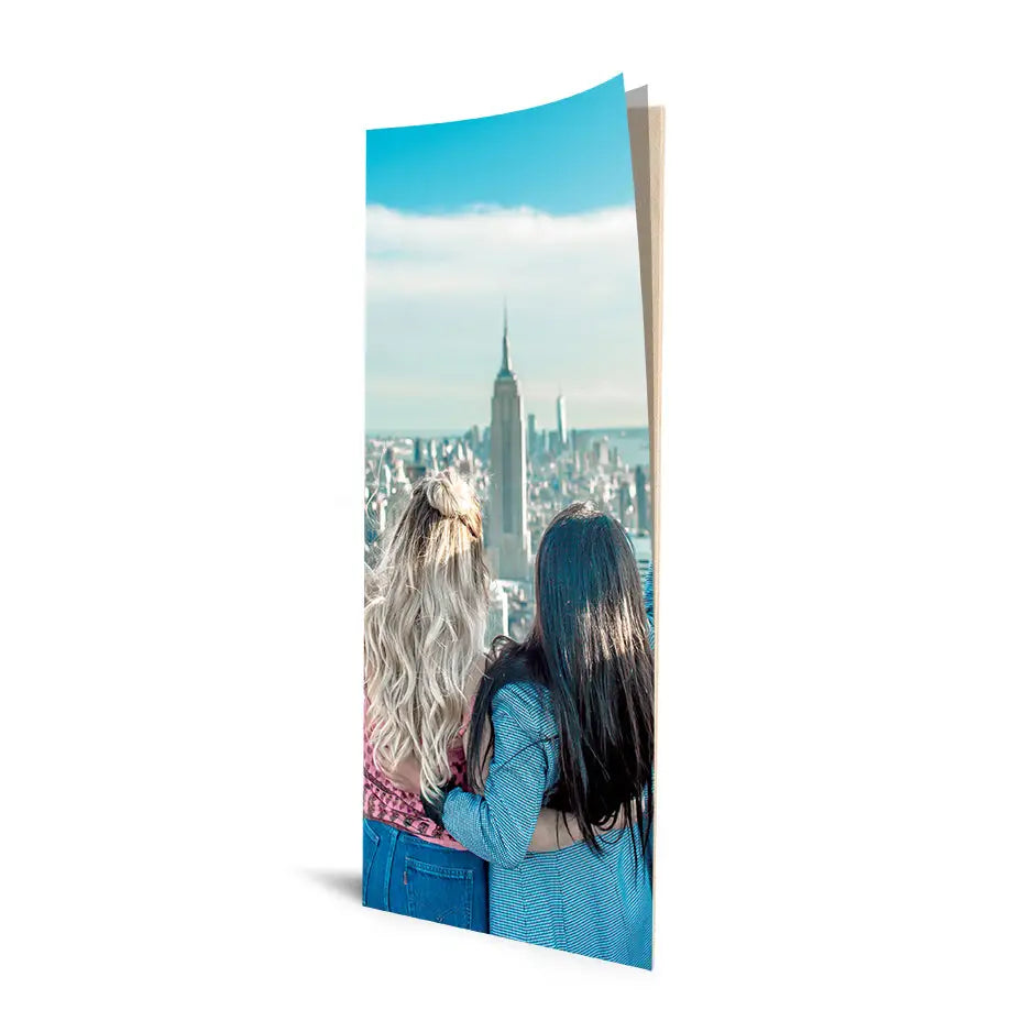 Two women gazing over the city in a 12x36 Cove Photo Mount print