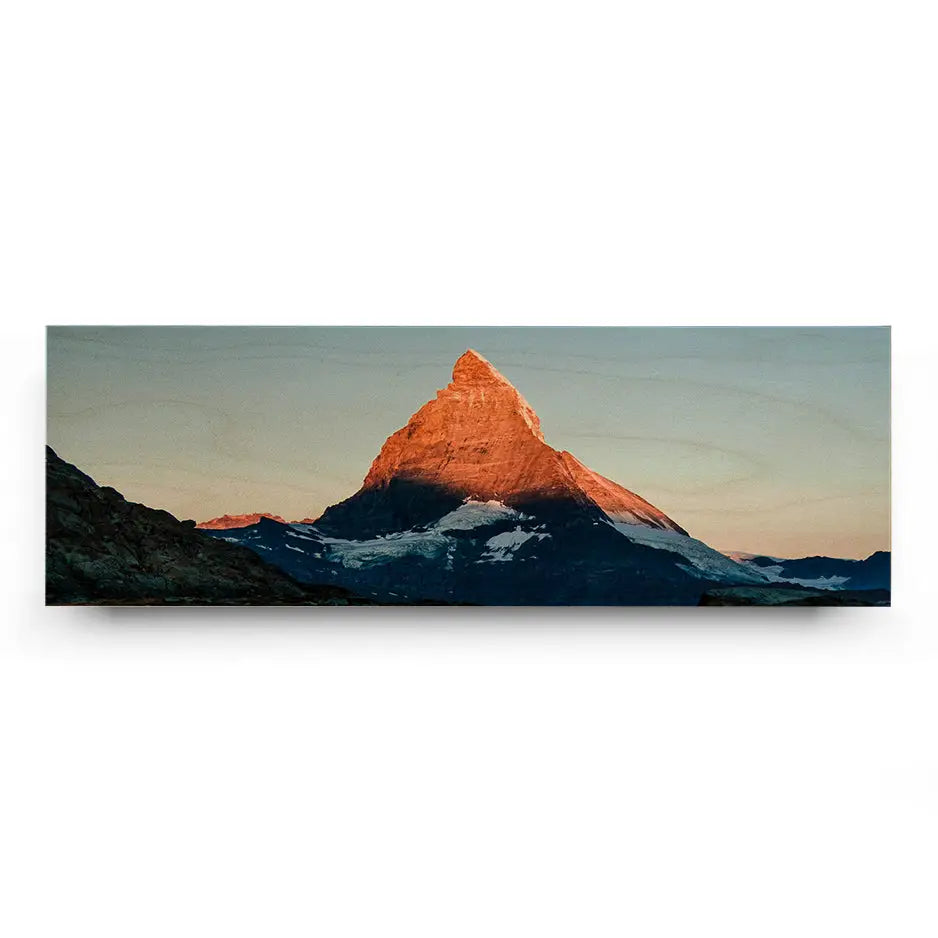 Mountain peak at sunset featured in a 12x36 Original Cove Print