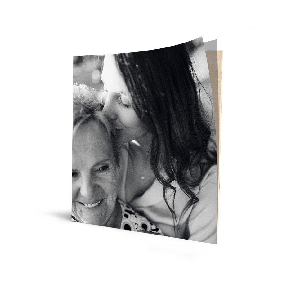 Black and white photo card displayed on 16x16 Cove Photo Mount Wood Print