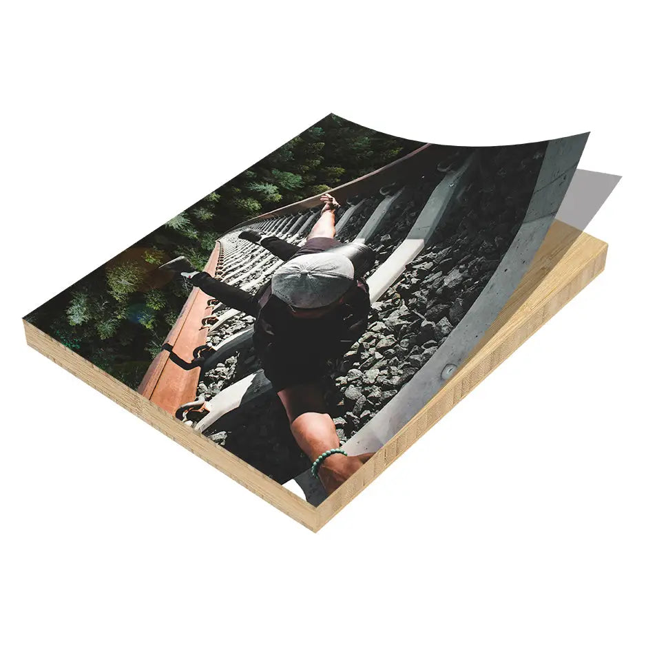 Wooden block featuring a photo on a 16x20 bamboo wood print display